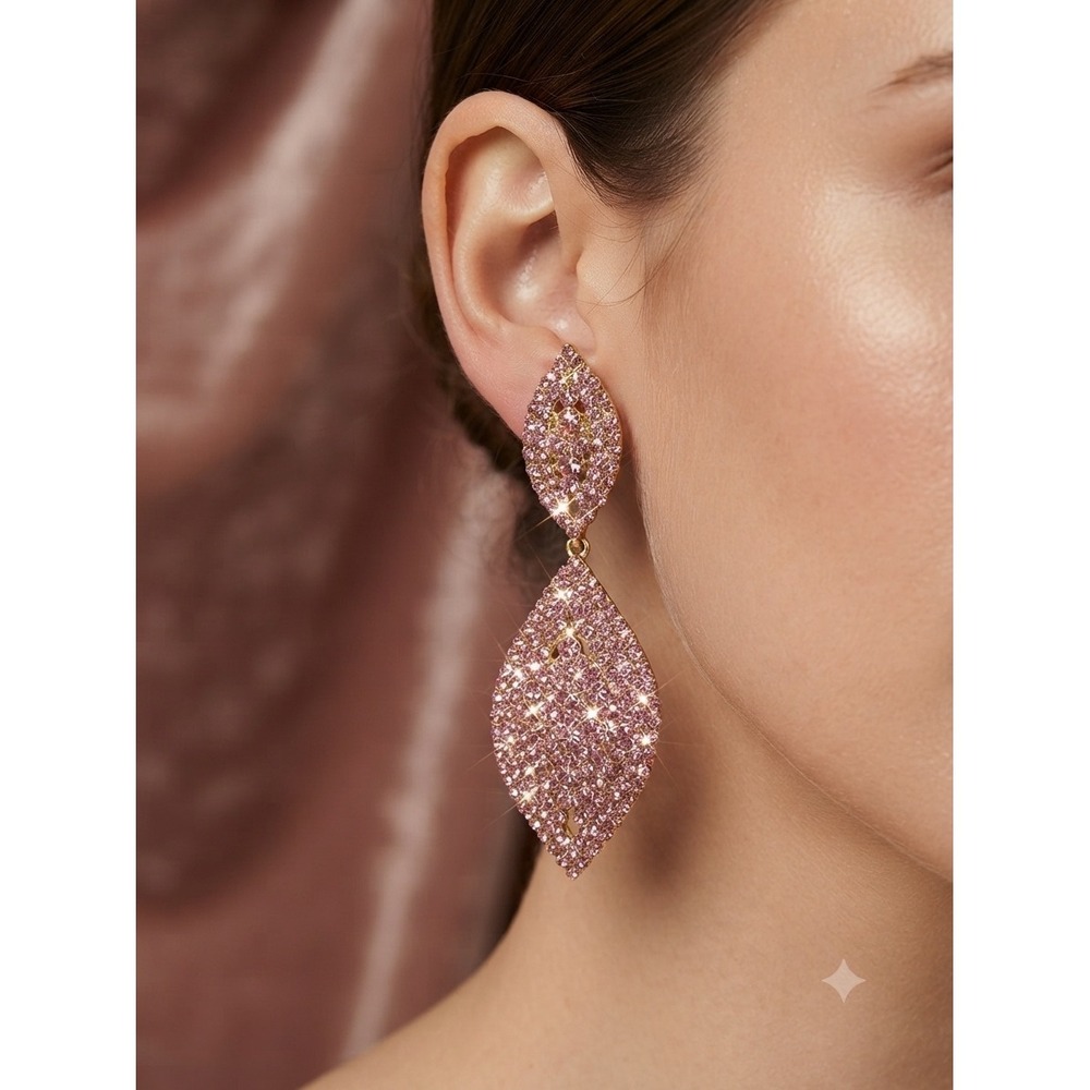 Pink Rhinestone Statement Earrings Gold Tone Marquise Drop Clip On Pageant Prom